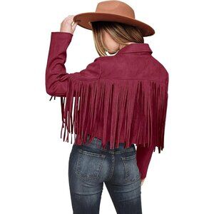 Prettygarden Women's Wine Red Fringe Motorcycle Cropped Faux Leather Jackets